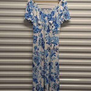Blue White Floral Midi Dress Cottagecore Off Shoulder Romantic Summer Size Large